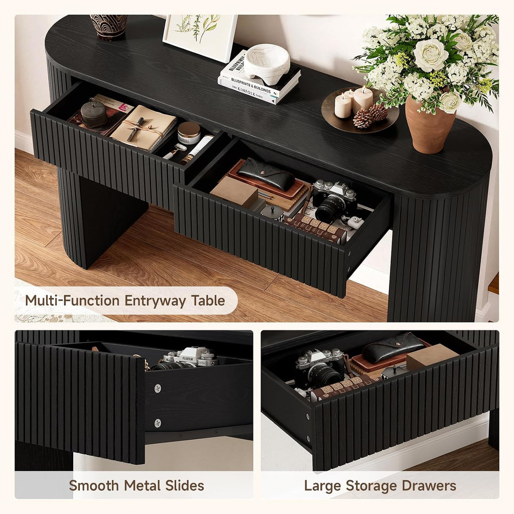 Console Table with Storage Drawers, 55 Inch Fluted Entryway Tables, Mid-Century Sofa Table Behind Couch, Wood Thin Hallway Tables, Modern Foyer Table for Living Room, Hallway, Accent Home Decor Black
