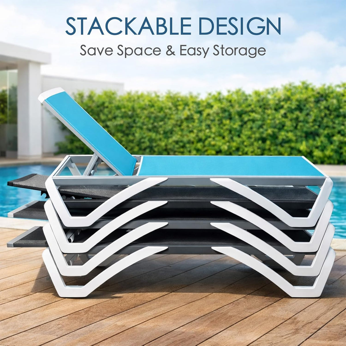 Kozyard Outdoor Chaise Lounge Chair, Full Flat Adjustable Patio Lounger with Aluminum Frame & Resin Legs, Textilene Fabric for Poolside, Backyard & Beach (NavyBlue, 2Chairs + Table)