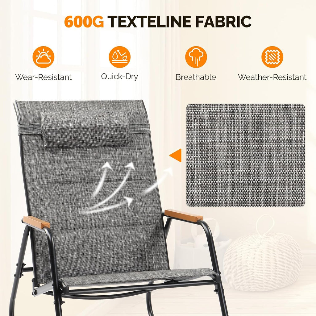 VINGLI Outdoor Rocking Chair, 450lbs Capacity Portable Outdoor Rocker with Footrest, Hard Armrests, Pillow, All Weather Porch Rocker for Garden, Living Room, Patio, Lawn (Black&Gray, with footrest)
