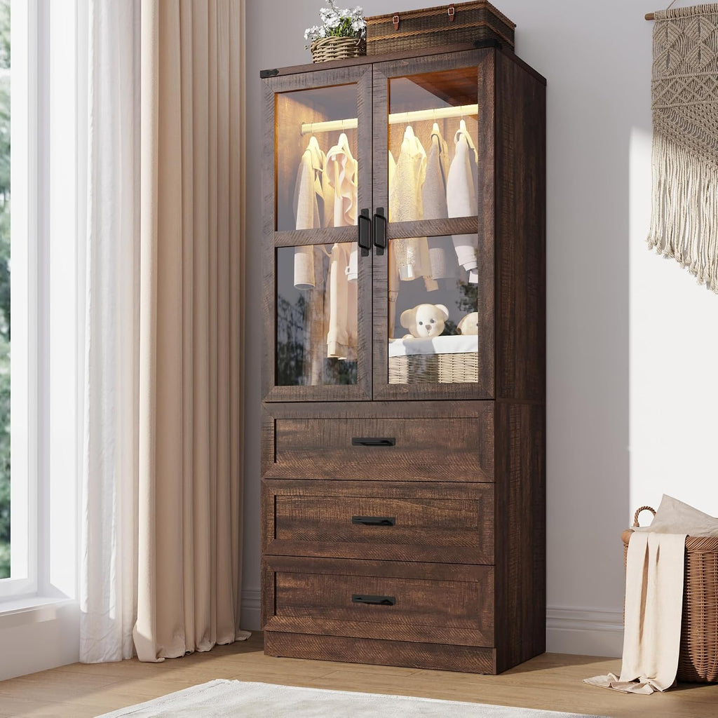 75" Tall Farmhouse 2 Doors Armoire Wardrobe Closet with 3 Drawers and LED,Freestanding Closet Wardrobe Cabinet for Bedroom with Hanging Rod,Wooden Armoire Storage Cabinet with Adjustable shelve(Brown)