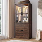 75" Tall Farmhouse 2 Doors Armoire Wardrobe Closet with 3 Drawers and LED,Freestanding Closet Wardrobe Cabinet for Bedroom with Hanging Rod,Wooden Armoire Storage Cabinet with Adjustable shelve(Brown)