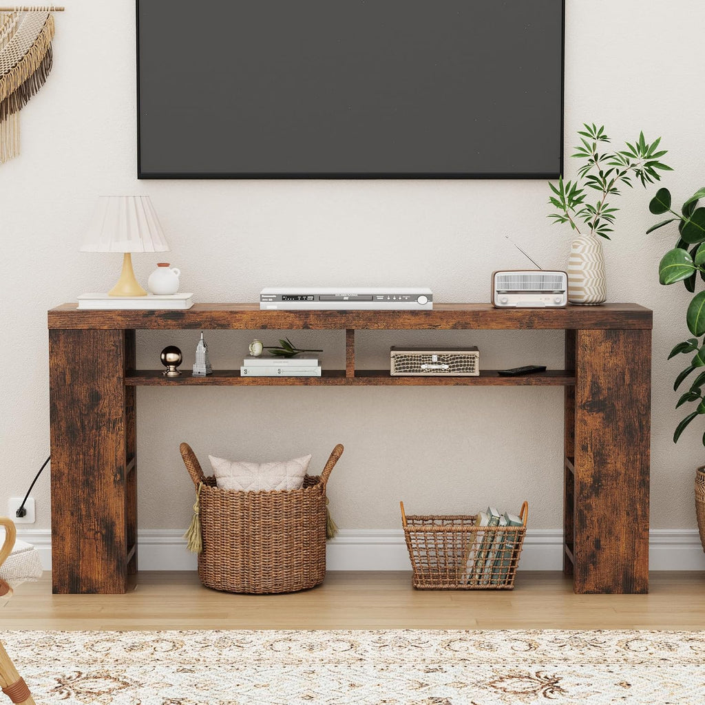 70.8" Extra Long Console Table with Outlets & USB Ports,Farmhouse Sofa Table with Storage Shelves for Behind Couch, Living Room, Entryway, Hallway, Brown