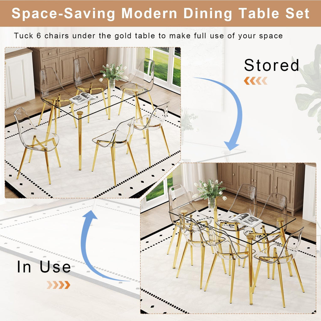 Ebullient Glass Dining Table Set for 6, 51" Clear Tempered Glass Table with Gold Chrome Metal Legs and 6 Transparent Acrylic Chairs, Compact Modern Kitchen Table Set for Small Space Dining Room