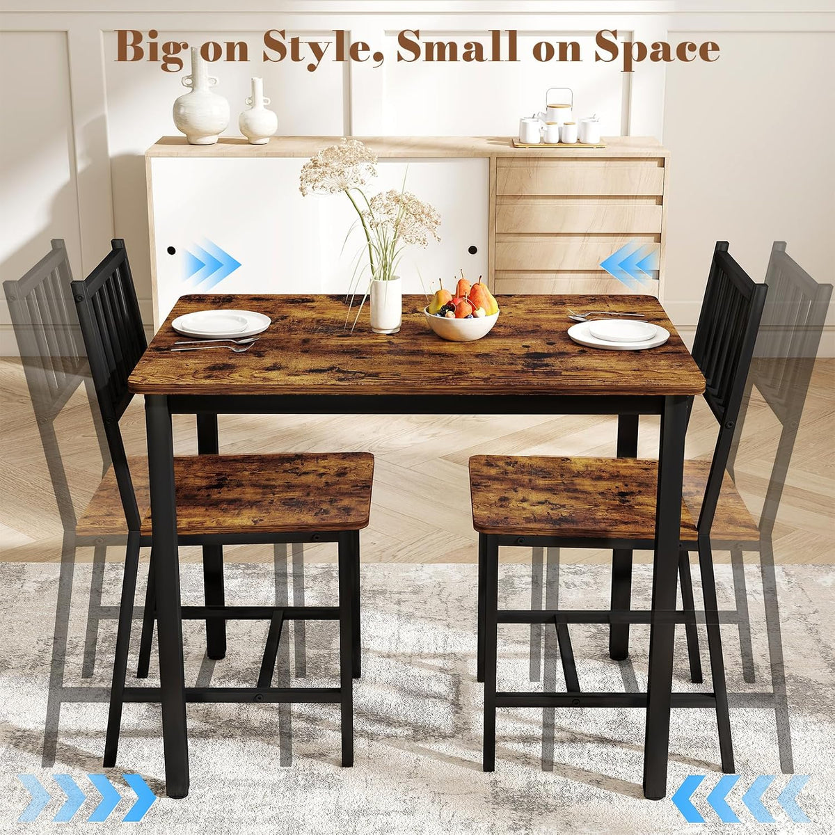 Yafylly Small Space 3 Piece Dining Table Set for 2, Compact Kitchen Table Set with 2 Chairs & Adjustable Feet, Modern Breakfast Nook Furniture for Apartment, Dorm, or Home, Rustic Brown
