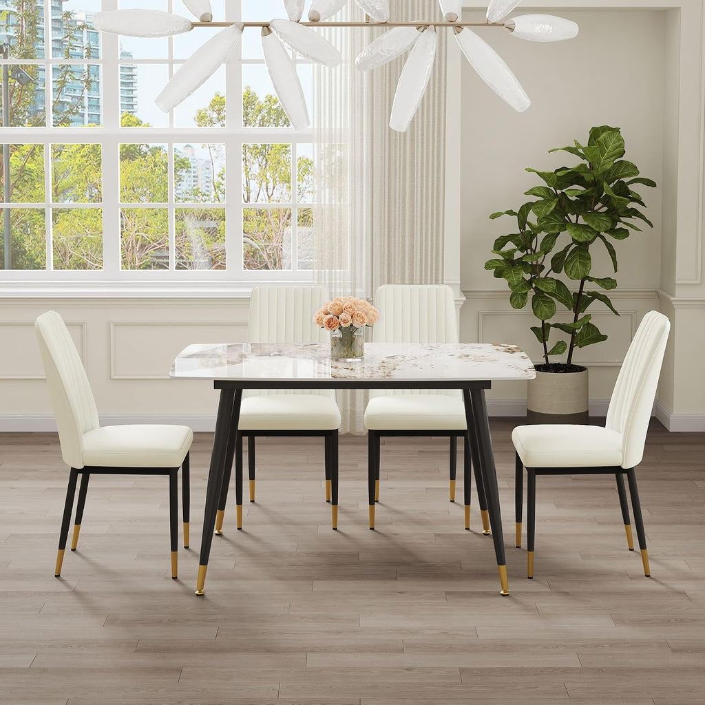 5 Pieces Modern Sintered Stone Dining Table Set 50" Rectangular Faux Marble Tabletop Kitchen Table with 4 PU Leather Chair Dinner Table Set(1Faux Marble Table+4 Cream White Chairs)