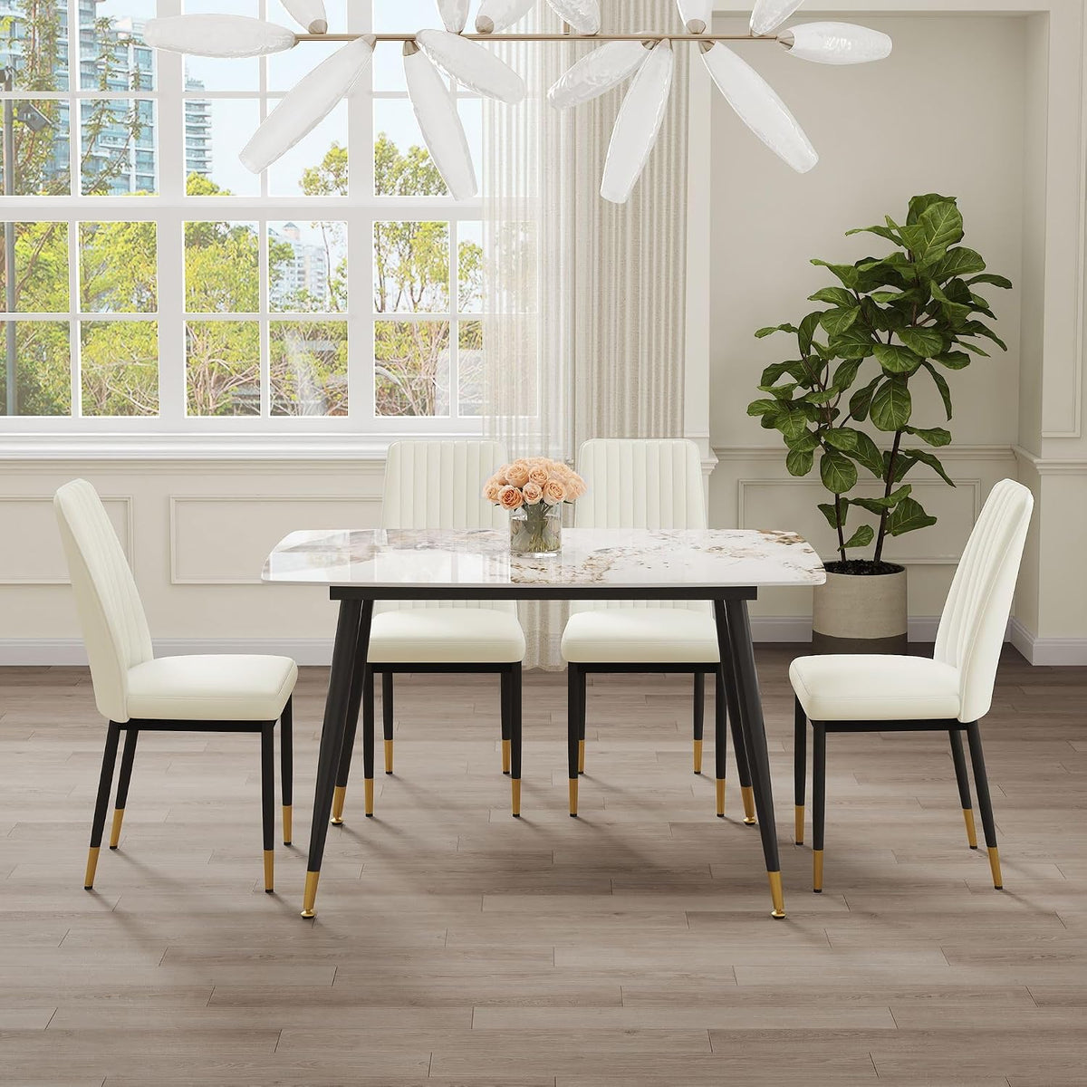 5 Pieces Modern Sintered Stone Dining Table Set 50" Rectangular Faux Marble Tabletop Kitchen Table with 4 PU Leather Chair Dinner Table Set(1Faux Marble Table+4 Cream White Chairs)