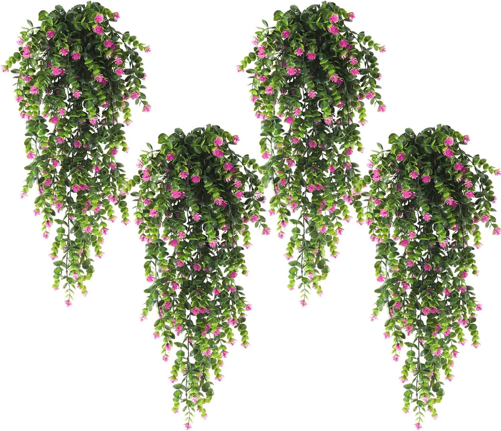 RECUTMS 4Pcs Fake Eucalyptus Leaves with Flowers Plastic Ivy Greenery Leaf Artificial Hanging Plants for Home Garden Wall Bedroom Office Wedding Decor Fuchsia