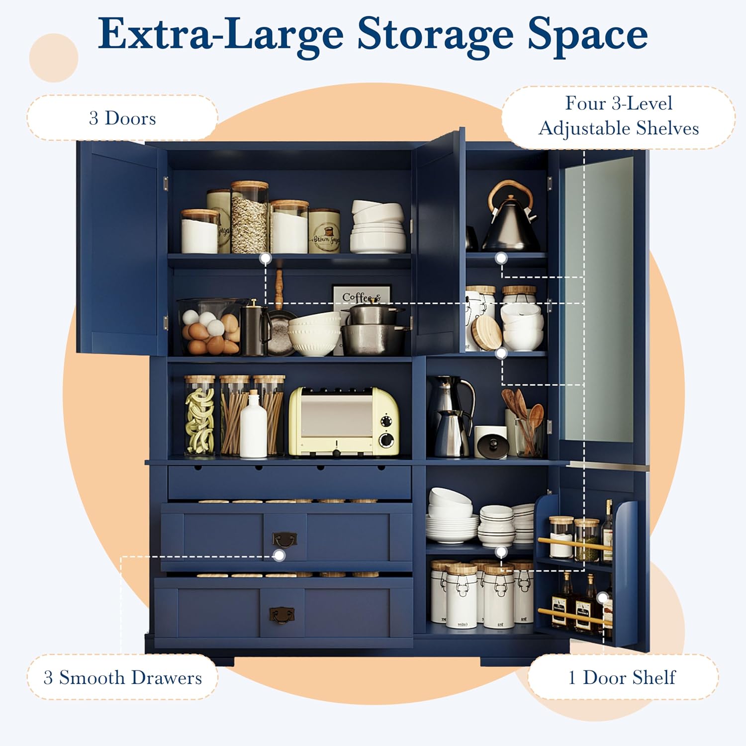 LUMISOL 78" Tall Kitchen Pantry Cabinet with Hutch and Drawers, Modern Kitchen Hutch with Door Shelf and Adjustable Shelves, Large Food Pantry Storage Cabinet for Kitchens,Dining Room, Blue
