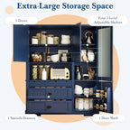 Large Pantry Storage Cabinet with Adjustable Shelves and Drawers, Freestanding Buffet Cabinet Cupboard with Hutch and Door Shelf for Dining Room, Kitchen (Blue)