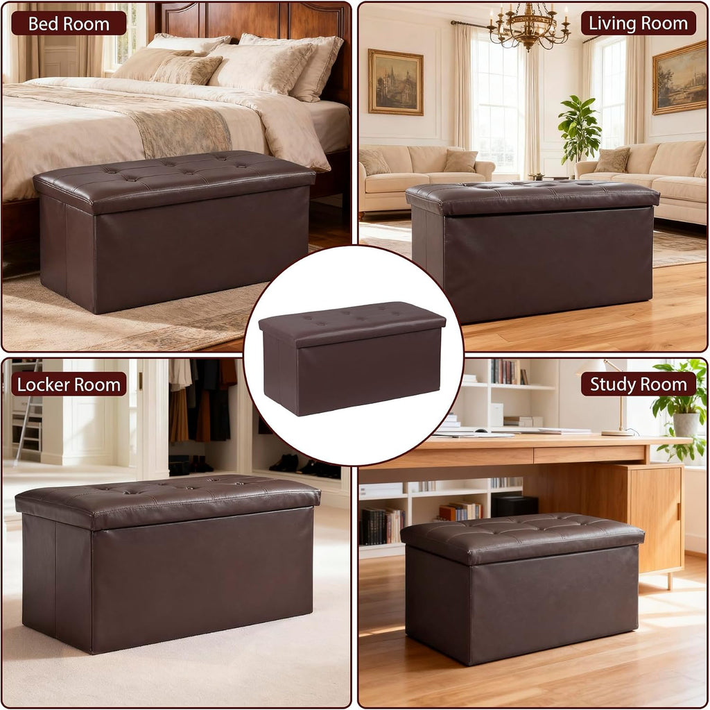 SUPER DEAL 30 inch Storage Ottoman, Faux Leather Folding Ottoman Bench, Padded Footrest, Entryway Seating Bench for Bedroom Living Room Entryway, Holds up to 660 lb, Brown