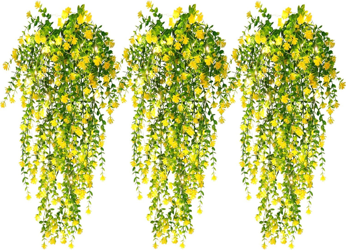 RECUTMS Outdoor Fake Hanging Plants,Hanging Plant Vine with Lights,Faux Eucalyptus Leafs Greenery Vine Plant Faux Plants Fake Plants Greenery for Jungle Theme Party Wedding Decoration(Yellow)