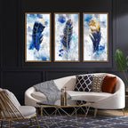 Framed wall art Feather Canvas Wall Art for Living Room Bedroom Large Modern Artwork Blue Watercolor feather Print picture 3 pieces Framed Wall Decor Ready to Hang for Home Office Decoration (With