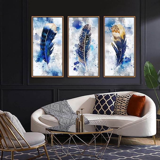 Framed wall art Feather Canvas Wall Art for Living Room Bedroom Large Modern Artwork Blue Watercolor feather Print picture 3 pieces Framed Wall Decor Ready to Hang for Home Office Decoration (With