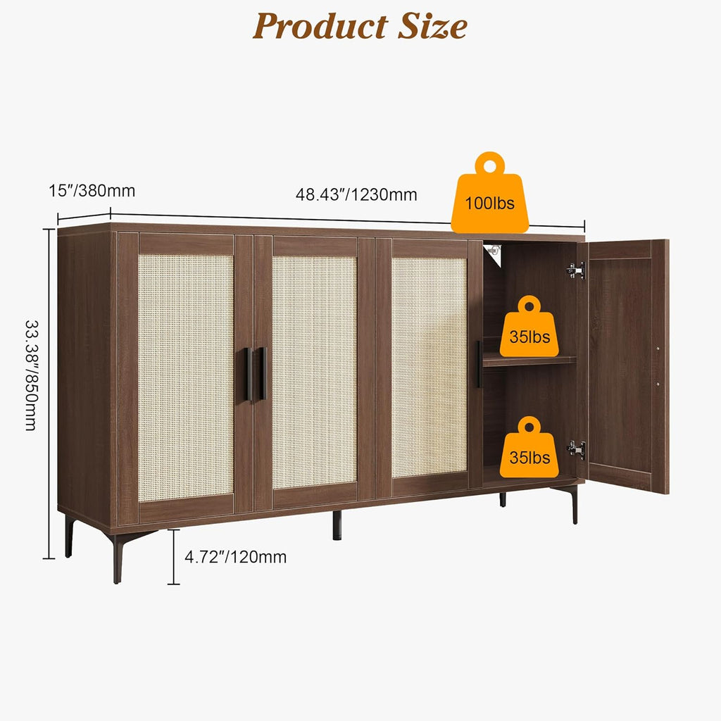 JASIWAY Buffet Cabinet with Storage, 48" Rattan Sideboard with Adjustable Shelves, Modern Coffee Bar Cabinet Console Table with Doors, Credenza for Kitchen, Living Room, Entryway, Dining Room, Walnut