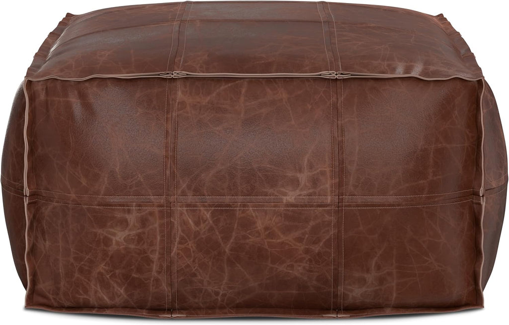 SIMPLIHOME Brody 26" Wide Genuine Leather Square Pouf in Distressed Brown | Distressed brown boho footrest, coffee table and extra seating for living room, assembled; floor cushion or accent seat.