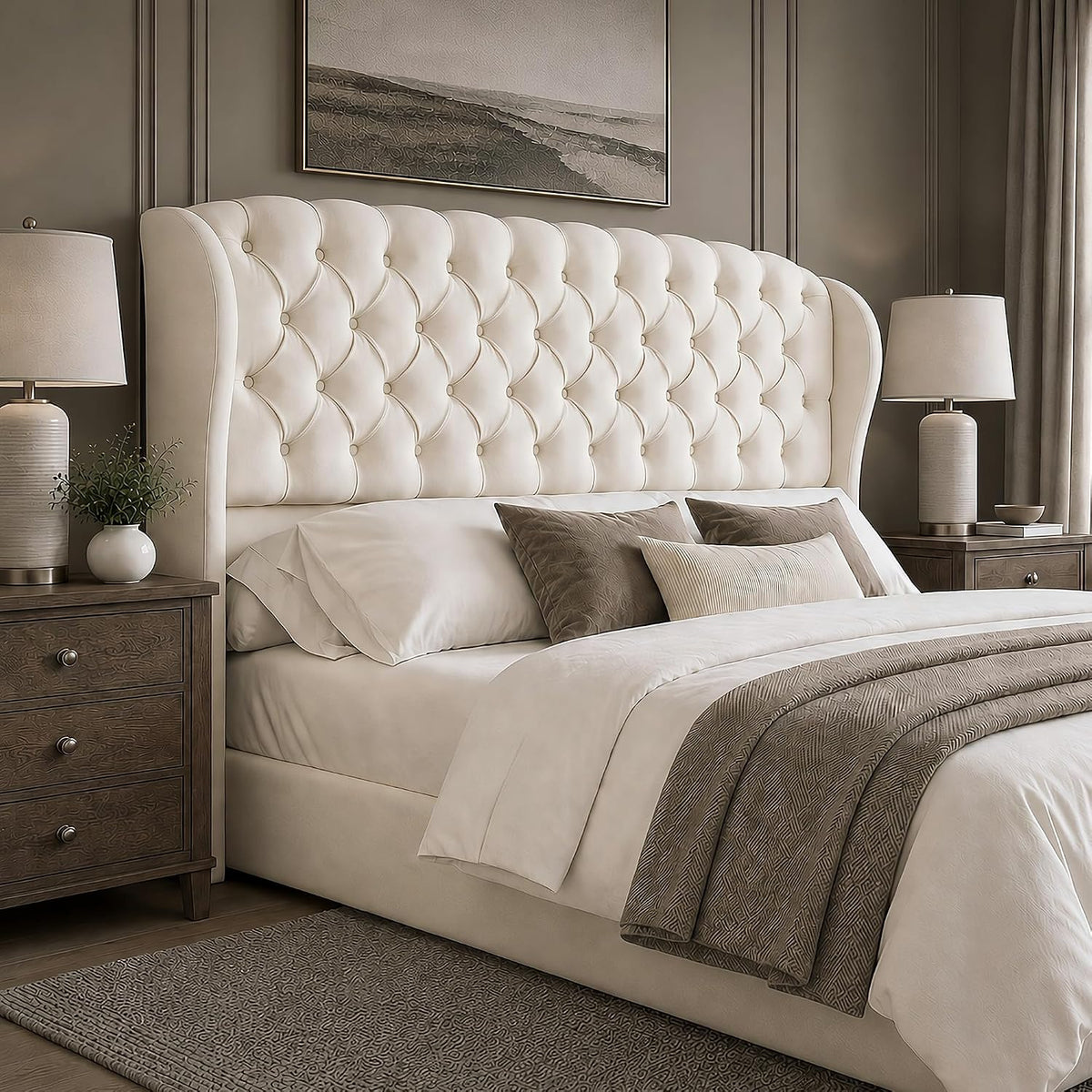 AMERLIFE Full/Queen Headboard Only, Velvet Upholstered Wingback, Cream