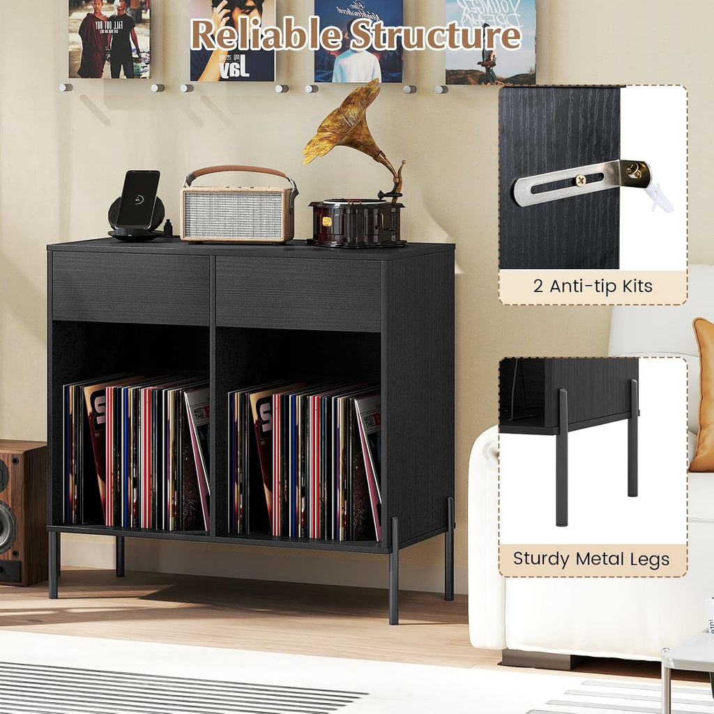 LOKO Large Record Player Stand with Charging Station, Vinyl Record Holder with Storage Compartments & 2 Drawers, Turntable Display Stand with Metal Legs for Living Room, Bedroom, Office (Black)