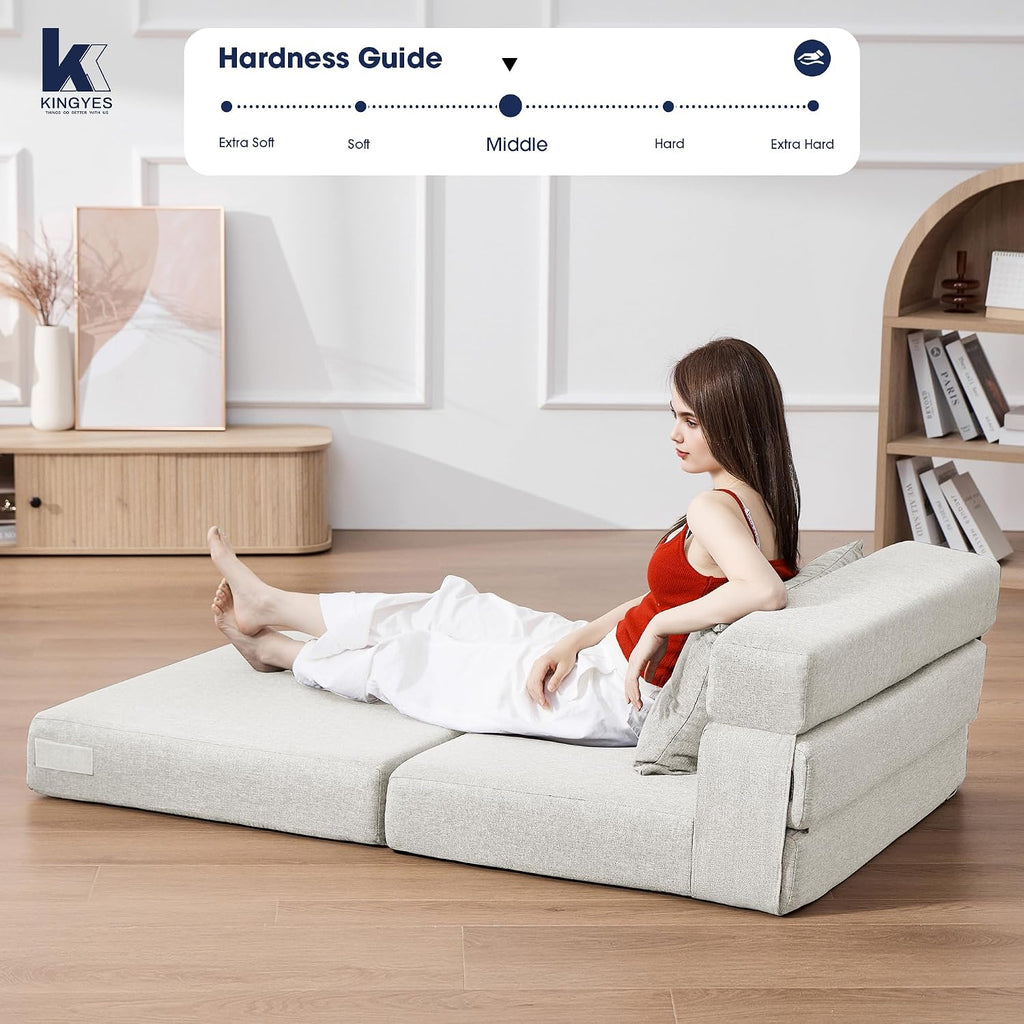 KINGYES 3-in-1 Foldable Chair Bed, Folding Sleeper Chair with Back Cushion, Convertible Sofa Bed for Adults, Cream Beige
