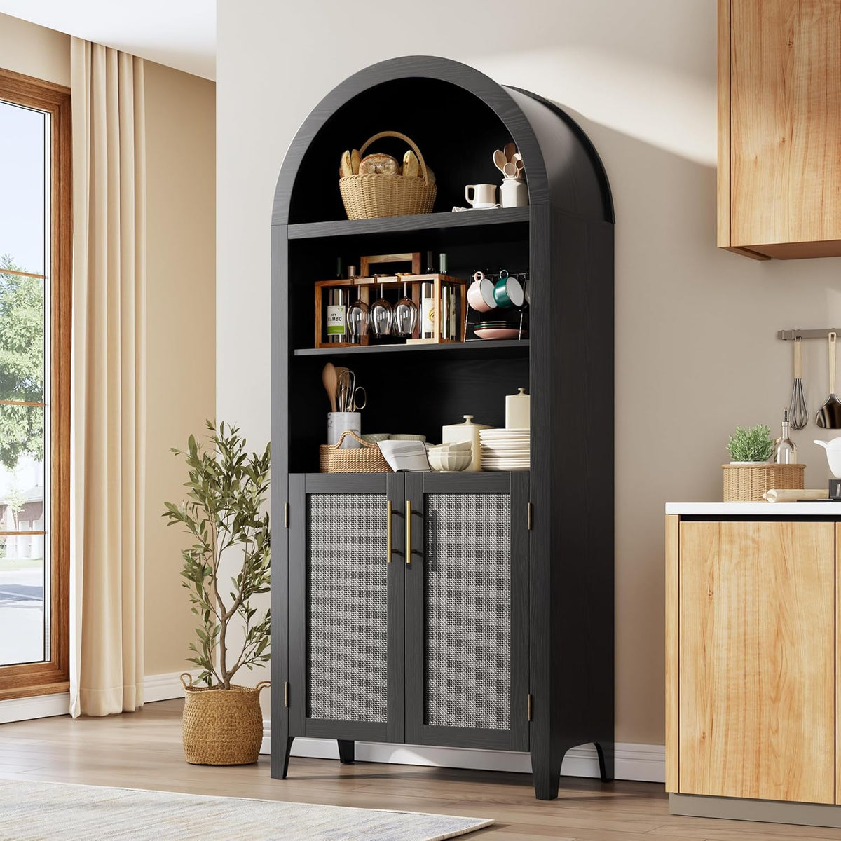 IDEALHOUSE Arched Kitchen Pantry Cabinet with Doors - 5-Tier Open Display Shelf with Rattan Decor, Farmhouse Storage Cabinet for Kitchen, Dining Room, Living Room, Black