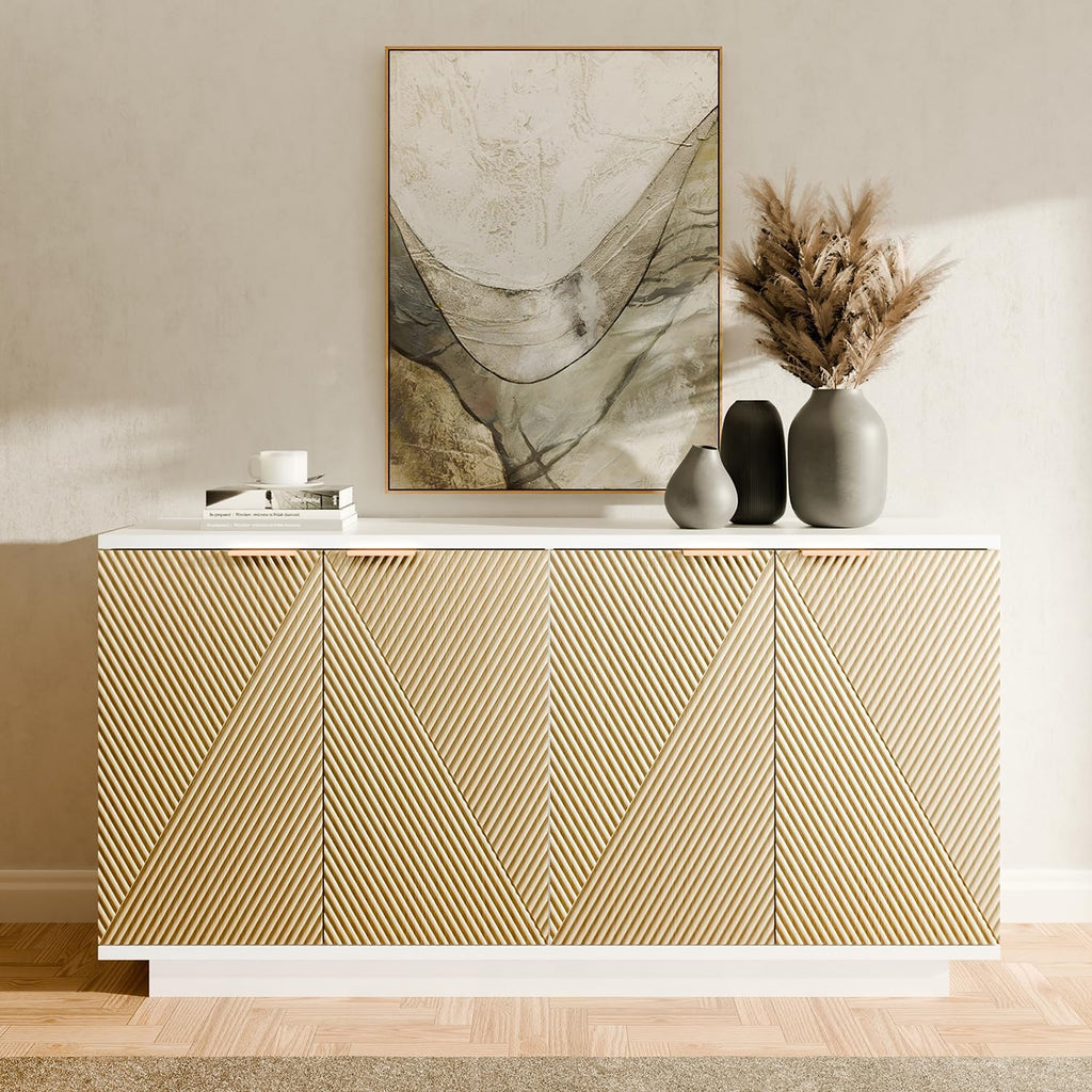 Walsham Buffet Cabinet Sideboard, 63.1" Fluted Accent Storage Cabinet with 4 Doors and Shelves, Credenza Cupboard Console for Living Room Kitchen Hallway, Weathered Oak
