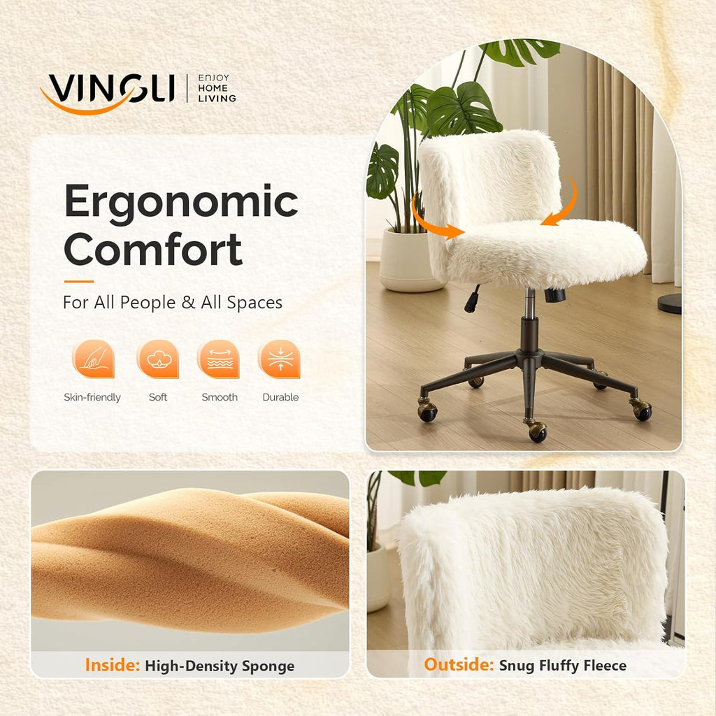 VINGLI Plush Upholstery Vanity Desk Chair with Curved Back & 90-102° Tilt &Adjustable Height, Cute Rolling Chair with Bronze Base & Golden-Bronze 360° Swivel Wheels for Makeup &Home Office,White Cream