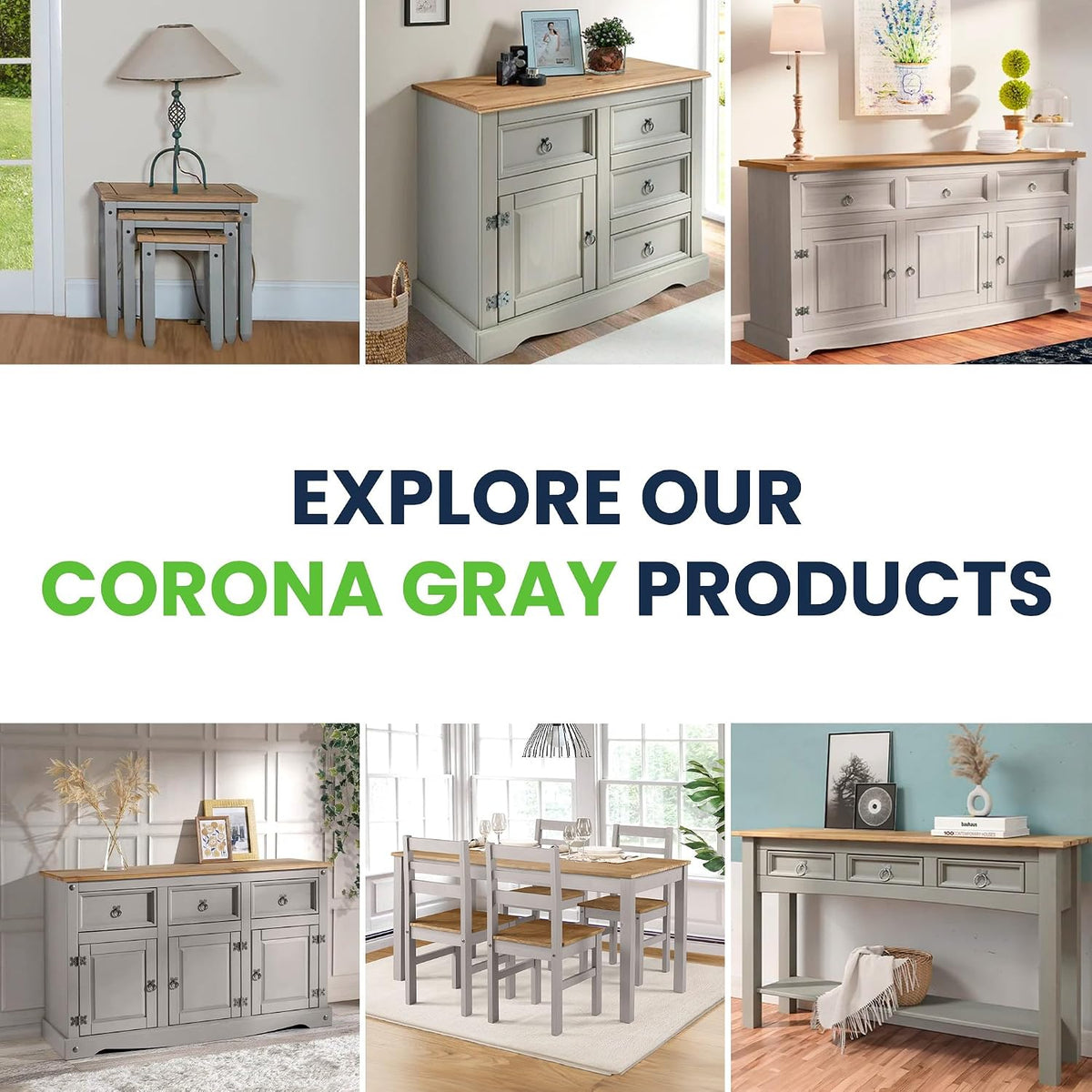Furniture Dash Rustic Grey 6-Compartment Cabinet – Solid Wood Console Table with Storage Drawers & Doors for Dining, Kitchen, or Entryway Use
