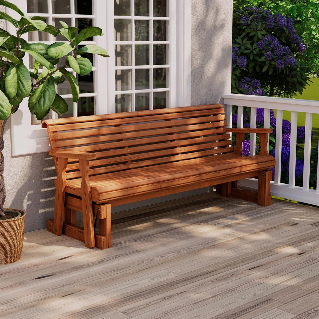 Amish Heavy Duty 800 Lb Roll Back Pressure Treated Porch Glider with Cupholders (6 Foot, Dark Walnut Stain)