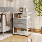 AODK 27.6" H Night Stand with Charging Station and LED Lights, Bed Side Table with 2 Drawers and Open Shelf, Bedside Table for Bedroom, Living Room, White & Light Grey