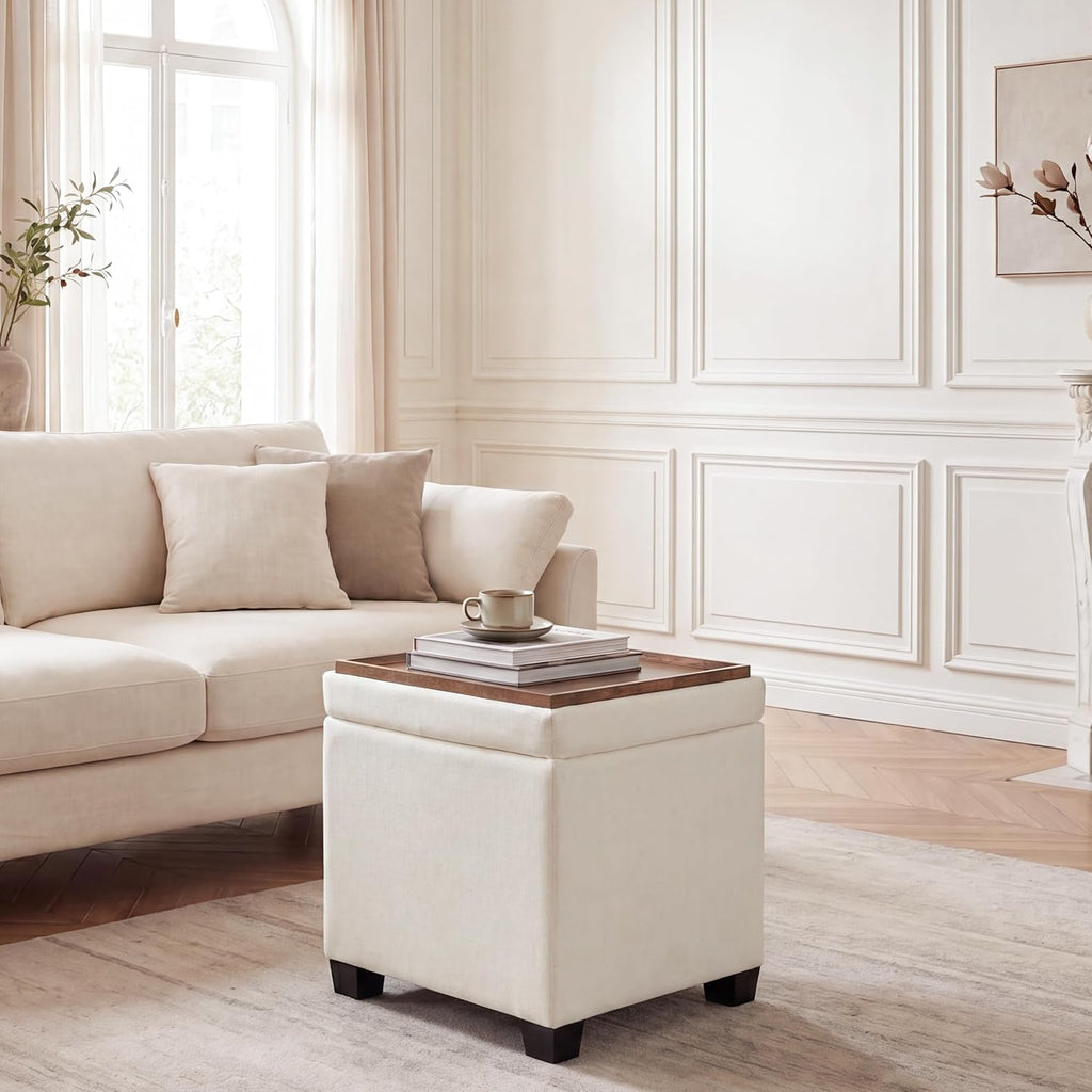 15 inch Square Storage Ottoman with Tray Lid,Modern Tufted Fabric Cube Coffee Table with Storage,Upholstered Ottoman with Removable Top for Living Room, Bedroom