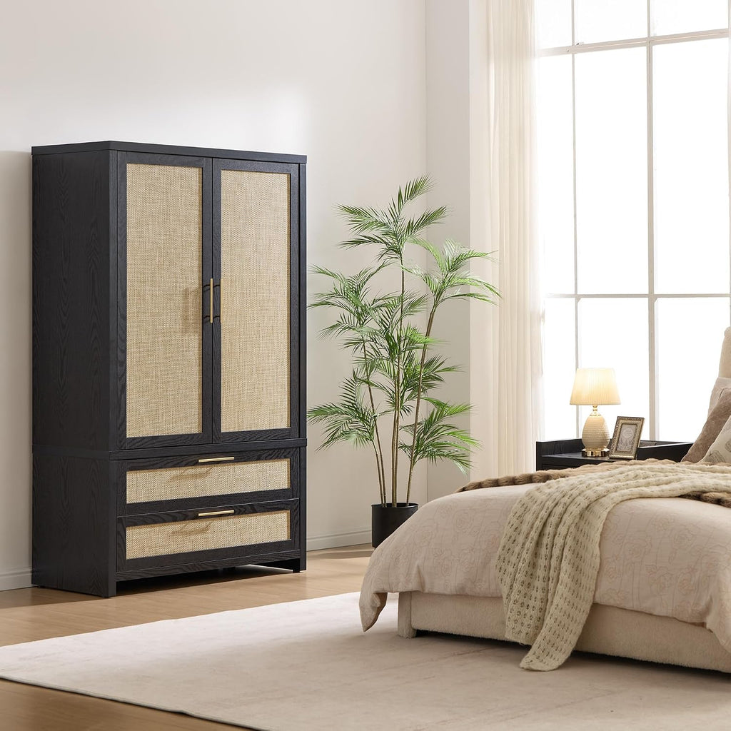 SICOTAS Rattan Armoire Wardrobe Closet, 71 inch Boho Wardrobe with Drawers | Farmhouse Storage Cabinet Armoire with Hanging Rod, Large-Capacity Deep Armoire Clothes Organizer for Bedroom, Cloak Room