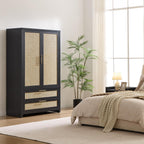 SICOTAS Rattan Armoire Wardrobe Closet, 71 inch Boho Wardrobe with Drawers | Farmhouse Storage Cabinet Armoire with Hanging Rod, Large-Capacity Deep Armoire Clothes Organizer for Bedroom, Cloak Room