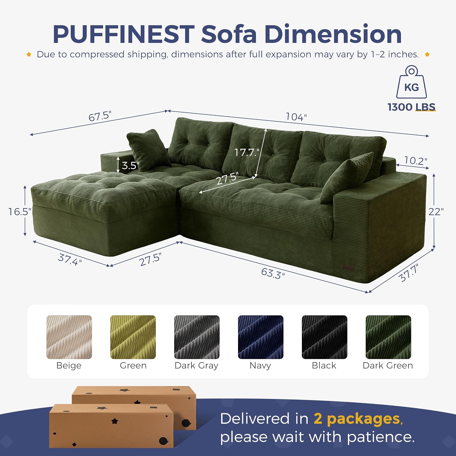 MAXYOYO Couch, 104-Inch L-Shaped Cloud Couch with Ottoman | Dark Green Upholstered Sofa Features Layered Cushions and Flexible Modules with No Assembly, Ideal for Modern Living Rooms.