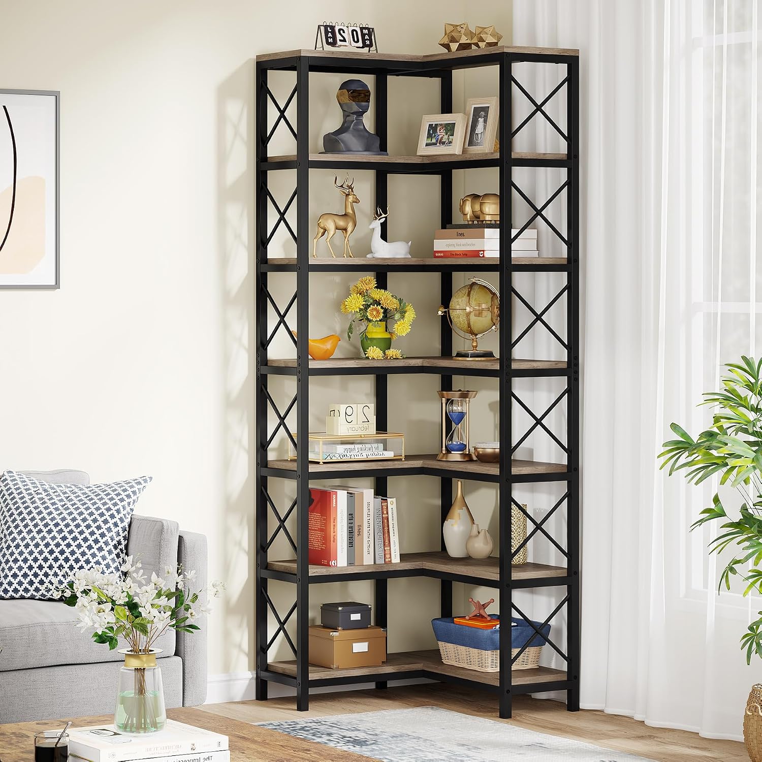 Tribesigns 7-Shelf Corner Bookshelf,Large Modern Corner Bookcase, 7-Tier Tall Corner Shelf Storage Display Rack with Metal Frame for Living Room Home Office (Grey)