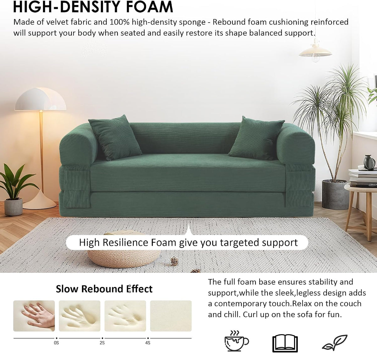 80" Cloud Sleeper Sofa Bed Pull Out Couch, Corduroy Sofa with Side Storage Pocket, Convertible Compression Sofa with Pillows for Living Room Bedroom, Light Green
