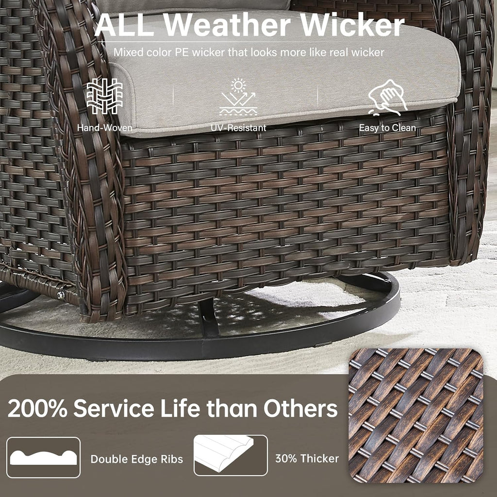 Outdoor Swivel Rocker Patio Chairs with 2 Ottomans - 5" Thick Cushion 4 Piece Furniture Set All Weather Comfortable Wicker Conversation Set for Porch Poolside and Deck - Brown/Beige
