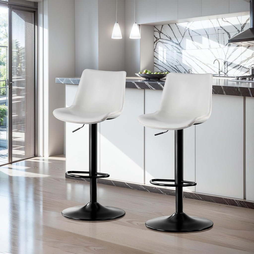 STOOLINK Adjustable Bar Stools Set of 2, Faux Leather Bar Stools with Back | Swivel Bar Chairs with 7.3" Footrest, Counter Height Bar Stools for Kitchen Island, Bistro, 17.5" Wide Seat, White