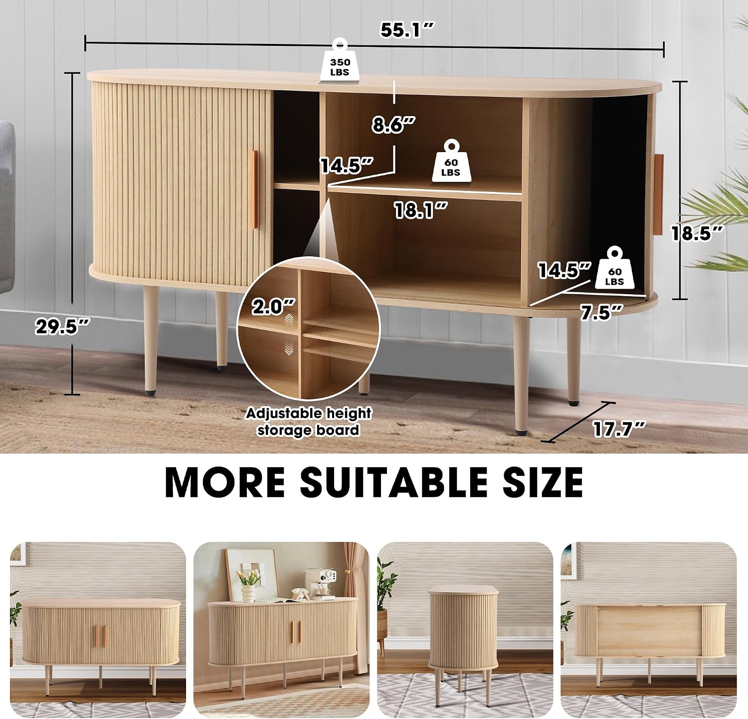 Grepatio 55" Sideboard Buffet Cabinet with Fluted Slide Doors, Tambour Storage Cabinet with Shelves, Modern Credenza Sideboard Buffet Console Cabinets for Living Room Hallway Entryway (Natural)