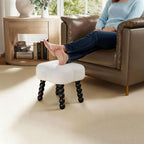 White Ottoman, Small Footrest, Clover-White | Storage Space, Unique Shaped, Wood Legs, Faux Teddy Fur