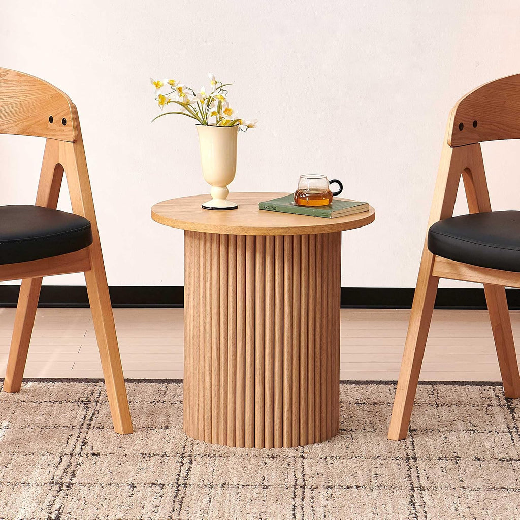 Homedot Small Round Accent Side Table with Wood Strip Base for Living Room, 19.69" Cicle End Table Engineered Wood Desktop Solid Oak Veneer Furnish, Modern Nightstand Table for Bedroom