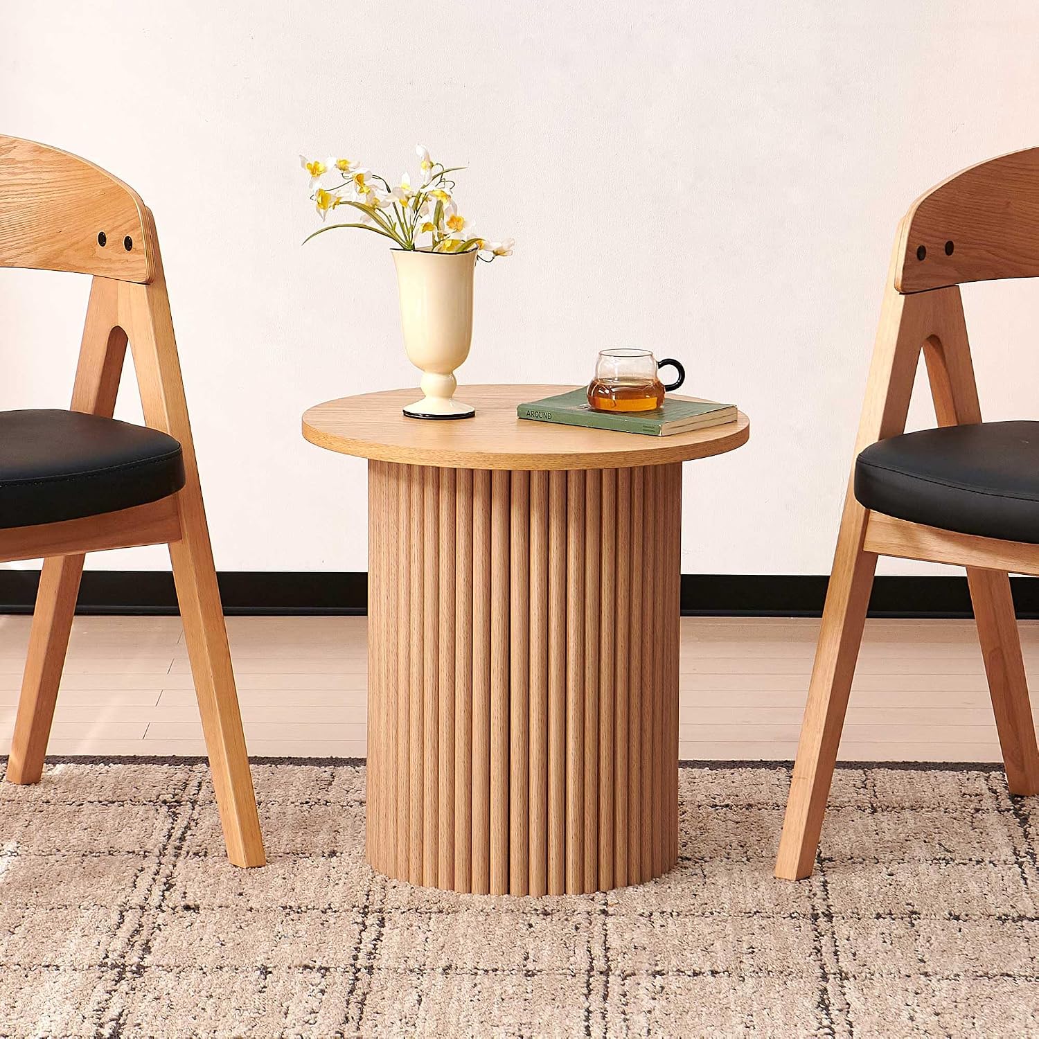 Homedot Small Round Accent Side Table with Wood Strip Base for Living Room, 19.69" Cicle End Table Engineered Wood Desktop Solid Oak Veneer Furnish, Modern Nightstand Table for Bedroom