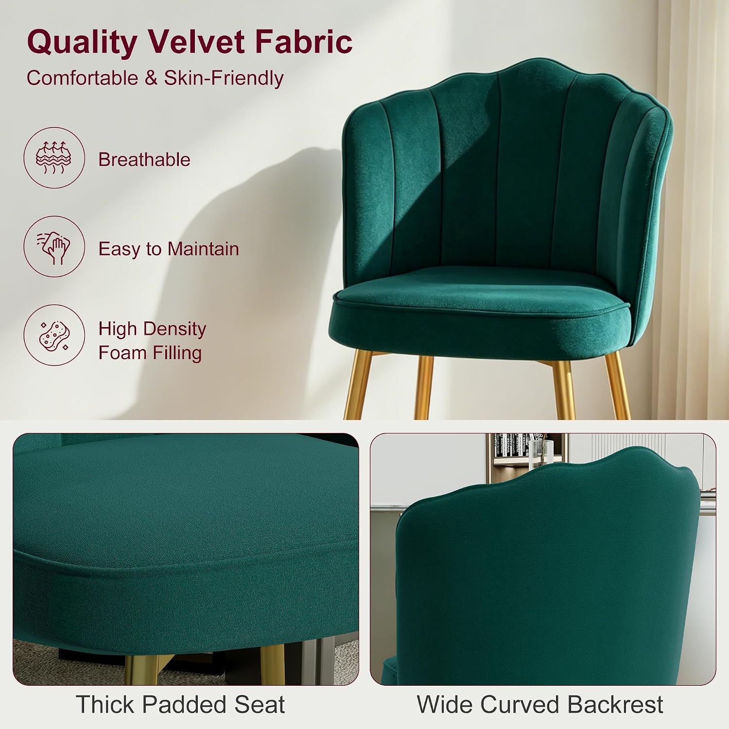 VECELO Velvet Dining Chairs Set of 2, Modern Upholstered Kitchen Chairs with Thick Cushions, Curved Padded Backrest and Metal Legs, for Kitchen, Dining Room, Living Room, Green