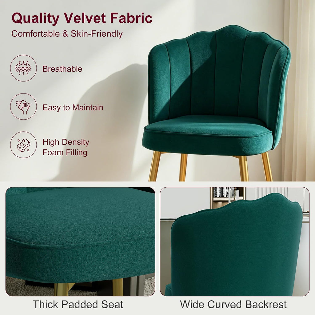 VECELO Velvet Dining Chairs Set of 4, Modern Upholstered Kitchen Chairs with Thick Cushions, Curved Padded Backrest and Metal Legs, for Kitchen, Dining Room, Living Room, Green