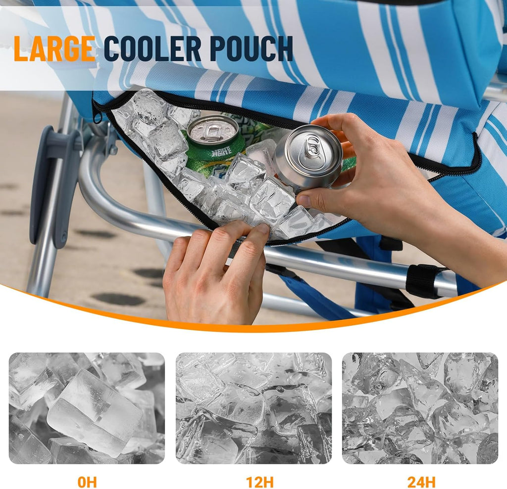 Overmont Low Beach Chair with Cooler Bag - 6-Positions Lay Flat with Ergonomic Armrests- Wide Seat with Lumbar Support, Towel Holder- Heavy-Duty 330lbs Support- Perfect for Summer, Travel & Relaxation