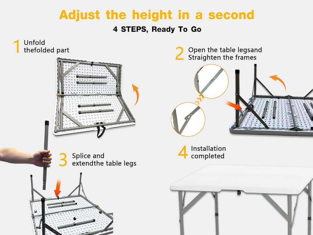 34" Square Folding Card Table, 3ft Foldable Portable Plastic Table | 3 foot Adjustable Height, Indoor Outdoor, White HDPE, Heavy Duty, Camping, Dining for Party, Picnic, Game, Mahjong, Puzzle