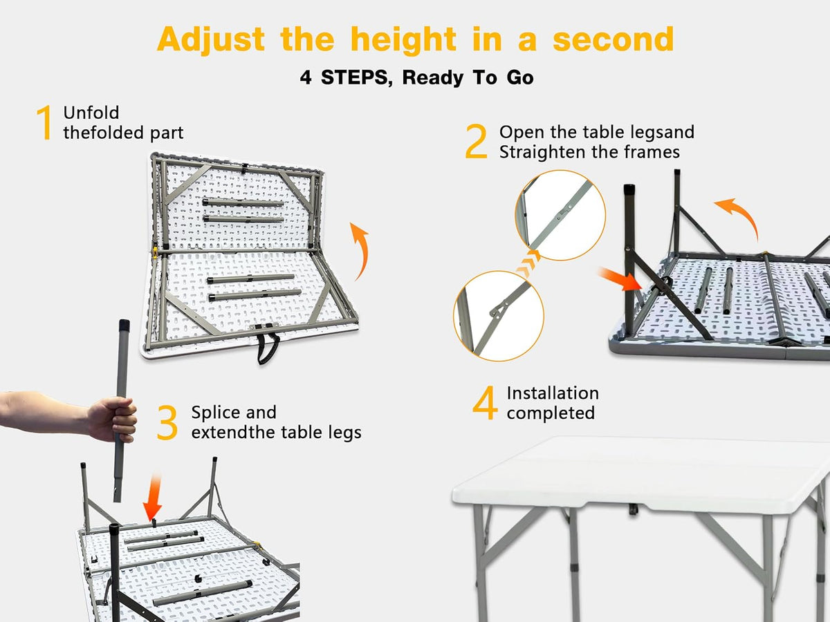 34" Square Folding Card Table, 3ft Foldable Portable Plastic Table | 3 foot Adjustable Height, Indoor Outdoor, White HDPE, Heavy Duty, Camping, Dining for Party, Picnic, Game, Mahjong, Puzzle