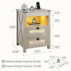 Night Stand with Gun Drawer, Bedside Table with Charger Station & LED Human Sensor Light, Gun Nightstand End Tables Bedroom Living Room, Rustic Grey