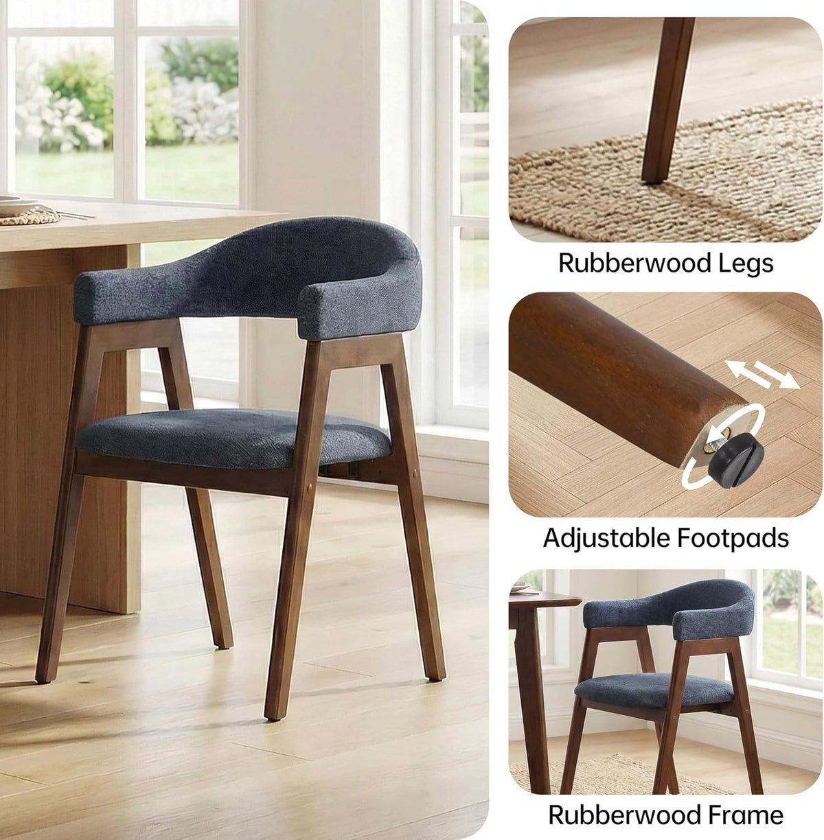 VKNOW Wooden Dining Chairs Set of 4, Modern Fabric Upholstered Kitchen Armchairs with Curved Open Back and Solid Wood Legs, Farmhouse Dining Room Chairs for Kitchen, Navy