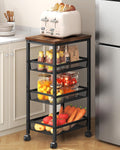 Hoctieon Rolling Storage Cart, 4-Tier 11.8" Wide Panel Kitchen Storage Cart, Utility Carts with Handle & Wheels, Mobile Shelving Unit, Metal Frame Narrow Carts for Home Kitchen, Laundry, Rustic Brown
