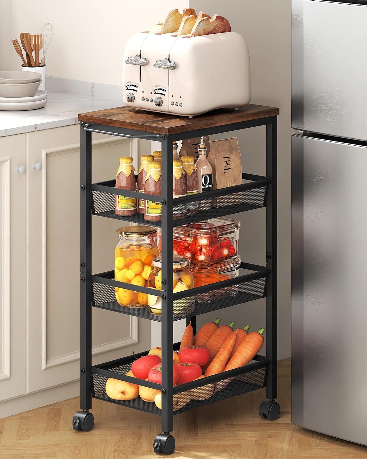 Hoctieon Rolling Storage Cart, 4-Tier 11.8" Wide Panel Kitchen Storage Cart, Utility Carts with Handle & Wheels, Mobile Shelving Unit, Metal Frame Narrow Carts for Home Kitchen, Laundry, Rustic Brown