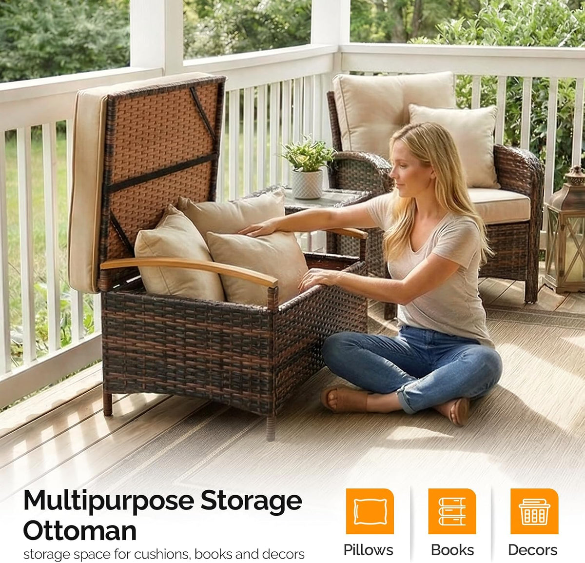 VINGLI 2 Pieces Rattan Ottoman with Storage, Wicker Patio Furniture w/Removable Cushion, Multipurpose Footrest Stool for Outdoor (Brown)